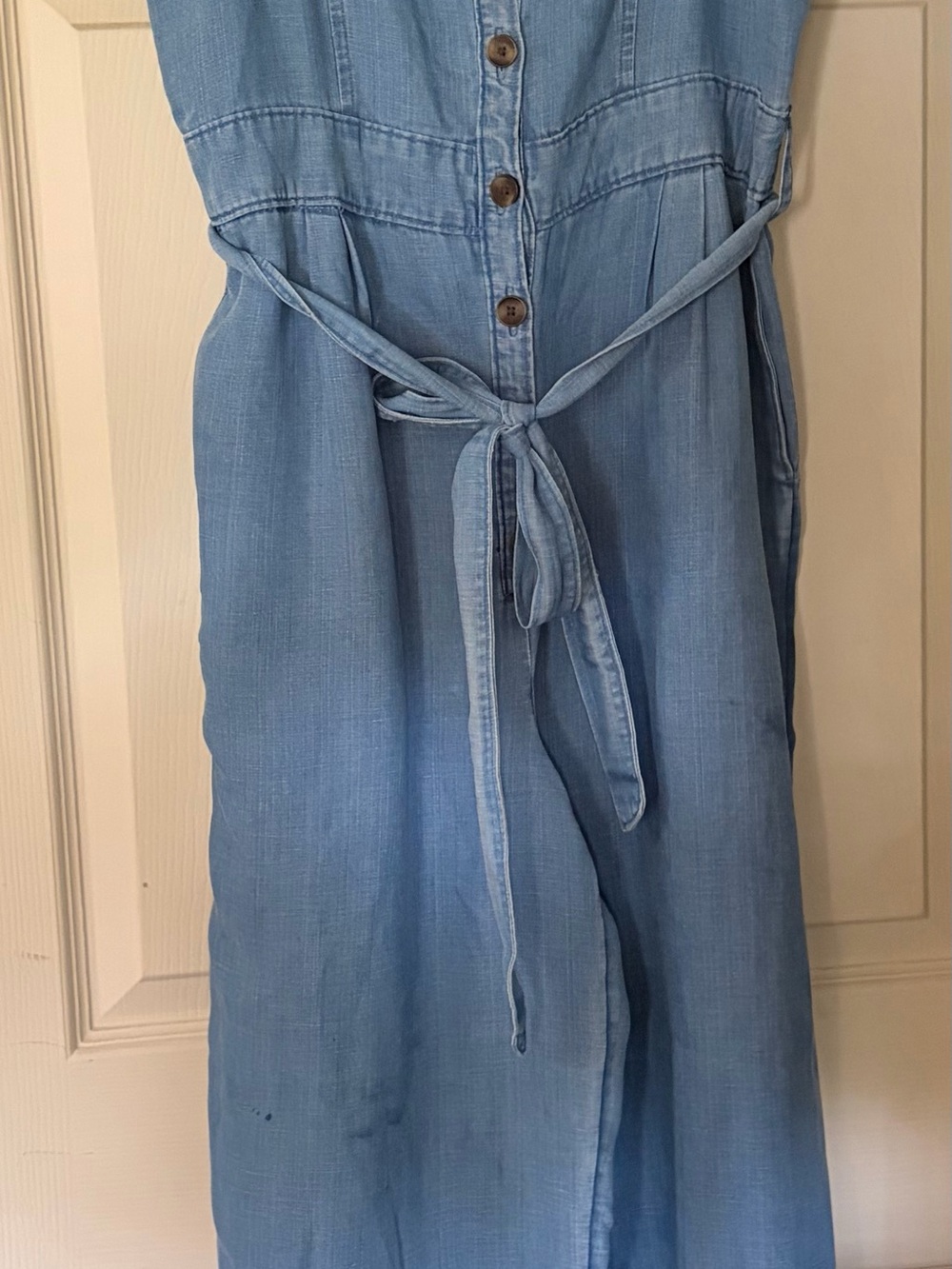 LOFT Chambray Button Front Wide Leg Jumpsuit Tie Waist Size 8